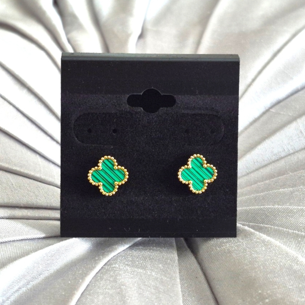 Elegant Green & Gold Clover Stainless Steel Earrings